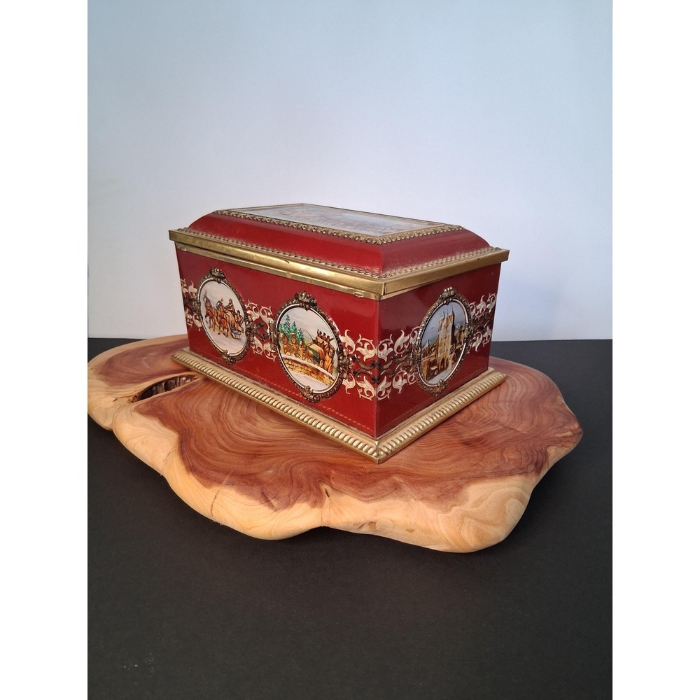 Vintage Klann Quality Tin Box Western Germany‎ Red & Gold Stagecoach Scene ✨ Mid
